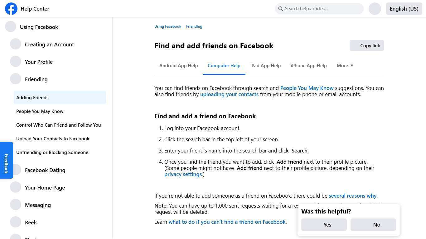 Find and add friends on Facebook | Facebook Help Center
